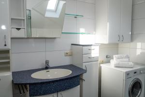 a bathroom with a sink and a washing machine at Ferienwohnungen Tarmann in Bodensdorf +6 photos
