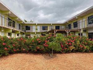 a building with a bunch of flowers in front of it at Hotel centro de Pedernales in Pedernales