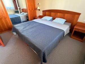 a bedroom with a large bed and a mirror at Tóth Wellness Apartman in Zalakaros +42 photos