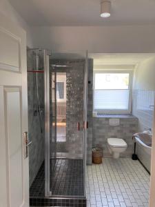 a bathroom with a shower and a toilet at Ferienhaus Heidelodge in Nebel +92 photos