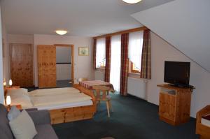 a living room with a bed and a tv at Wildwiesenhof in Miesenbach
