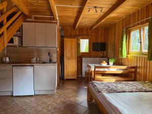 a kitchen with white appliances in a wooden cabin at OW Gabi in Międzywodzie