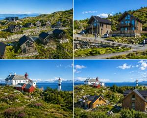 four different pictures of houses and a lighthouse at Chalet Glåpen in Moskenes