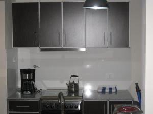 a kitchen with gray cabinets and a stove top oven at Bahiaxdia Paraguay in Bahía Blanca