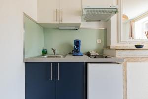 a kitchen with blue cabinets and a sink at Le Colibri in Foix +9 photos