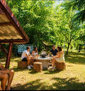 a group of people sitting around a table in a park at Várhegy Vendégház in Fonyód