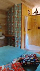 a room with a shower and a bed in a room at La nuitée belle in Cénevières