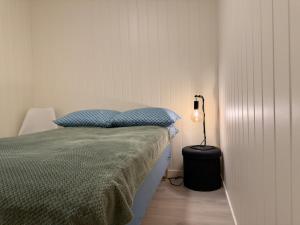 a bedroom with a bed and a lamp on a floor at Smørblomstvegen Apartment in Tromsø