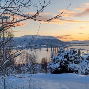 a winter sunset with a bridge in the background at Smørblomstvegen Apartment in Tromsø