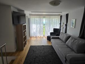 a living room with a couch and a television at Vlaškovec Experience in Plešivica