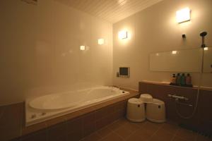 a bathroom with a tub and a large mirror at Hotel VILLA ANNEX盛岡 in Morioka