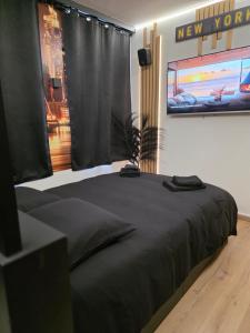 a bedroom with a bed with a television on the wall at Maison 3 chambres, jacuzzi, billard, sauna, air soccer, clim in Verviers