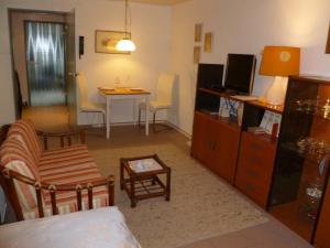 a living room with a chair a table and a television at Villa XADAYU, Appartment in Reichenau