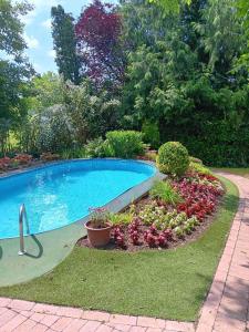 a swimming pool in a yard with flowers and plants at La Dolche Villa in Szőlősgyörök