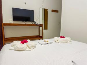 a room with towels on a bed with a tv at Pousada Villa Galinhos in Galinhos