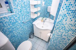 a blue tiled bathroom with a toilet and a sink at MA-LO 1 in Pirovac +17 photos