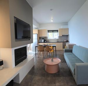 a living room with a blue couch and a tv at Apollo Romantic Sea View Villa in Kiveri