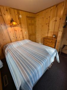 a bedroom with a bed with a blue striped comforter at 2BR 1BA Cabin #7 Riverside Point Resort in Park Rapids