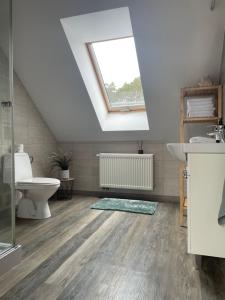 a bathroom with a sink toilet and a window at Apartamenty Buczyna w Sierakowie in Sieraków +48 photos