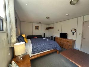 a bedroom with a bed and a wooden dresser at Stewart Mountain Lodge in Stewart