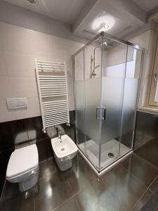 a bathroom with a shower and a toilet and a sink at La casa nel parco in Chieri