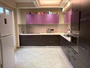 a kitchen with purple cabinets and a white appliances at La casa nel parco in Chieri