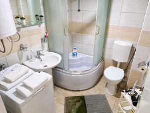 a bathroom with a shower and a toilet and a sink at ZVEZDA LUX in Kruševac
