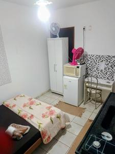 a small room with a bed and a microwave at Harmonia Studio Mobiliado in Campo Grande