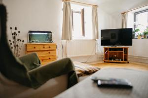 a living room with a couch and a flat screen tv at Pajtás Vendégház in Örvényes