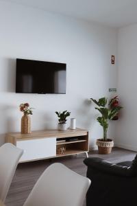 a living room with a tv on a white wall at Páteo da Chica in Cano