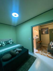 a bedroom with a bed and a blue ceiling at Chick Nina Loft in Barra do Garças
