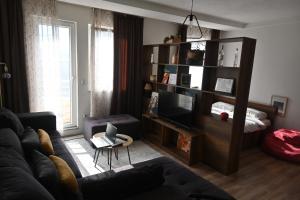 a living room with a couch and a book shelf at Mimosa Apartments - City Center Square in Prishtinë