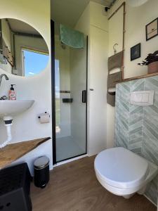 a bathroom with a toilet and a sink at Belltent 't Bievink - buitengewoon overnachten in Westendorp +41 photos
