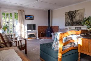 a living room with a couch and a fireplace at Olive's Cottage in Molteno