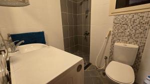 ein Badezimmer mit Toilette, Waschbecken und Dusche in der Unterkunft صدى التلال in As Sifyānī + 7 Fotos