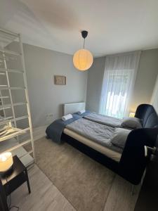 a bedroom with a bed with a ladder and a lamp at Misa Home in Nyíregyháza