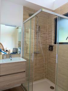 a bathroom with a shower and a sink at Le rivage 44 in Bénouville +7 photos