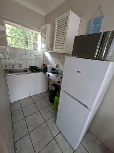 a kitchen with a white refrigerator and a sink at Lullaby Leaf in Lichtenburg