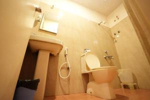 a bathroom with a toilet and a sink and a shower at JK Golden Embassy in Mysore +28 photos