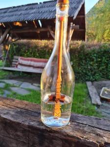 a bottle with a ship in it sitting on a table at Maramureș Traditional House in Vadu Izei