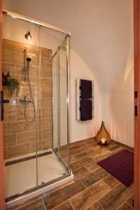 a shower with a glass enclosure in a bathroom at L'écrin du Pont du Gard - Parking gratuit - Charme & Pierres in Remoulins