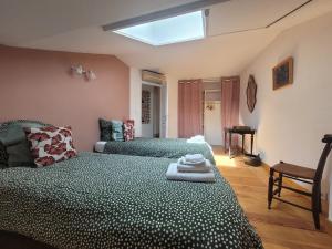 a bedroom with two beds and a skylight at Lekker Slaap in Parthenay