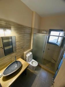 a bathroom with a sink and a toilet at Athos view house in Agios Ioannis Kaspaka