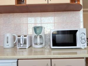 a kitchen counter with a microwave and various appliances at Kesk Central Apartment in Valga