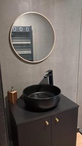 a bathroom with a black sink and a mirror at Chalet Villerest in Villerest +4 photos