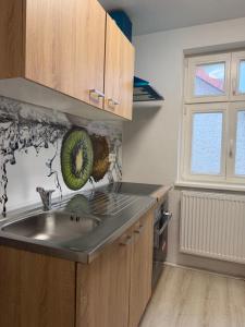 a kitchen with a sink and a window at FeWo Augusta in Neustrelitz +3 photos