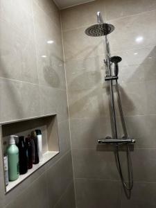 a shower with a shower head in a bathroom at Wien an Donau in Vienna +16 photos