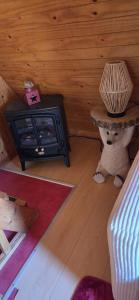 a living room with a stove and a teddy bear at Chalet Fontaine 54 in Ustou
