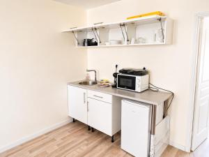 a kitchen with a counter with a microwave on it at Studio tout équipé calme et lumineux Roubaix in Roubaix