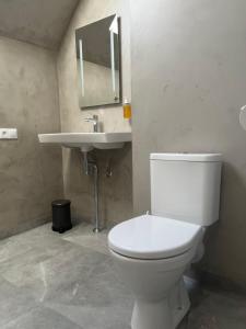 ein Badezimmer mit weißer Toilette und Waschbecken in der Unterkunft Hotel Melturi in Melturi